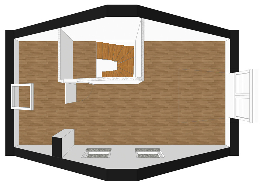 Die Tür zum Dachgeschoss und die Tür ins Bad liegen sich fast gegenüber. Um an dieser Stelle Türkollisionen zu vermeiden, öffnet die Tür ins Bad deshalb ausnahmsweise nach innen.