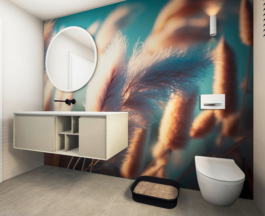 Im Betrieb werden im Besprechungsraum die fertigen 3D-Visualisierungen auf einem Bildschirm präsentiert, um die Reaktion des Kunden live zu sehen. Schnelle Anpassungen können am Arbeitsplatz vorgenommen werden, etwa der Wechsel der Wandgestaltung (Bilder oben und unten und auf der nächsten Seite).