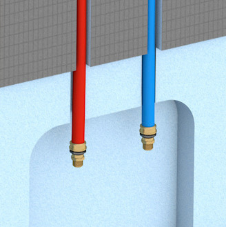 Das Wedi Sanwell XS Duschwandmodul ist 300 mm breit und 50 mm stark. Es enthält bereits alle Komponenten, die für eine Dusche mit Aufputzarmatur notwendig sind. Dazu gehören werkseitig integrierte Kalt- und Warmwasserleitungen und eine Verstärkungsplatte, an der die Duschstange sicher befestigt werden kann.