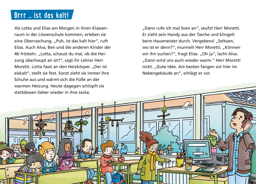 Doppelseite aus dem Pixi Wissen-Buch „Die Energiesparfüchse und die neue Heizung“.