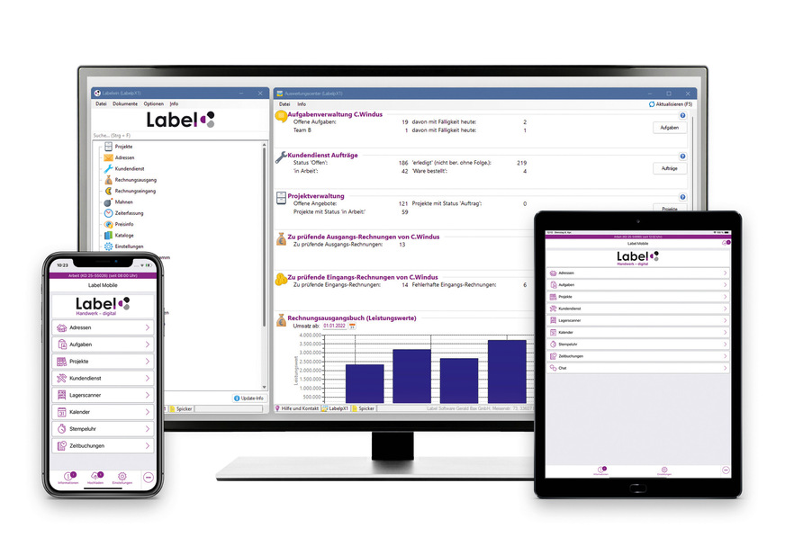 Mit Labelwin organisiert die Handwerksfirma den gesamten Betrieb. Die mobile Lösung „Label Mobile“ greift von überall auf die gesamte Labelwin-Datenbank zu und sorgt unterwegs für reibungslose Kommunikation in Echtzeit.