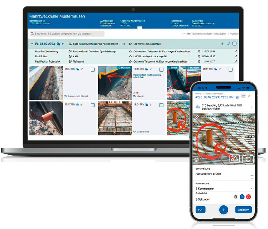 Fotos und Abbildungen können verwaltet, modifiziert oder mit Hinweispfeilen, Maßen und Bildkommentaren ergänzt werden.