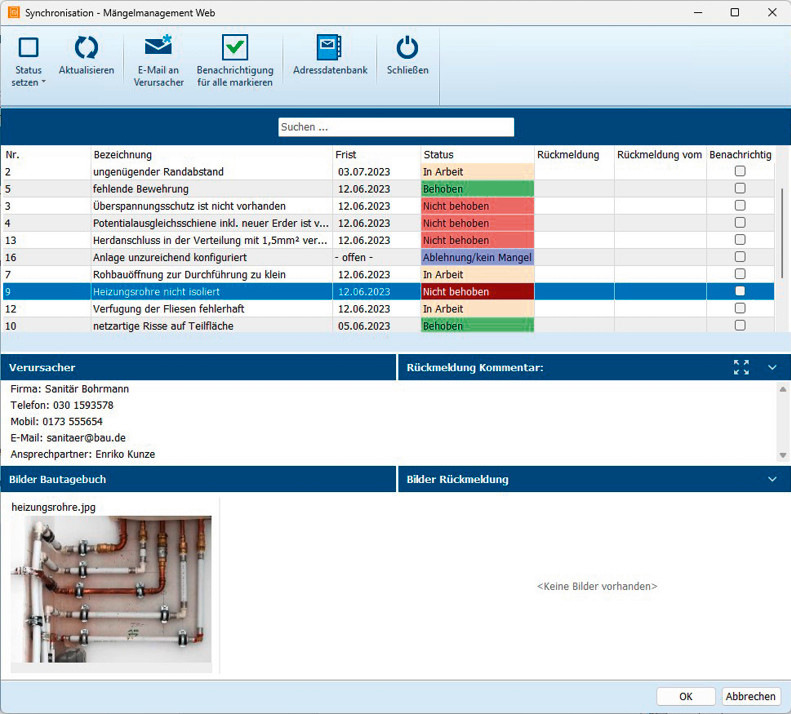 Mängel können mit einem Bearbeitungsstatus versehen und mit Beteiligten geteilt werden.