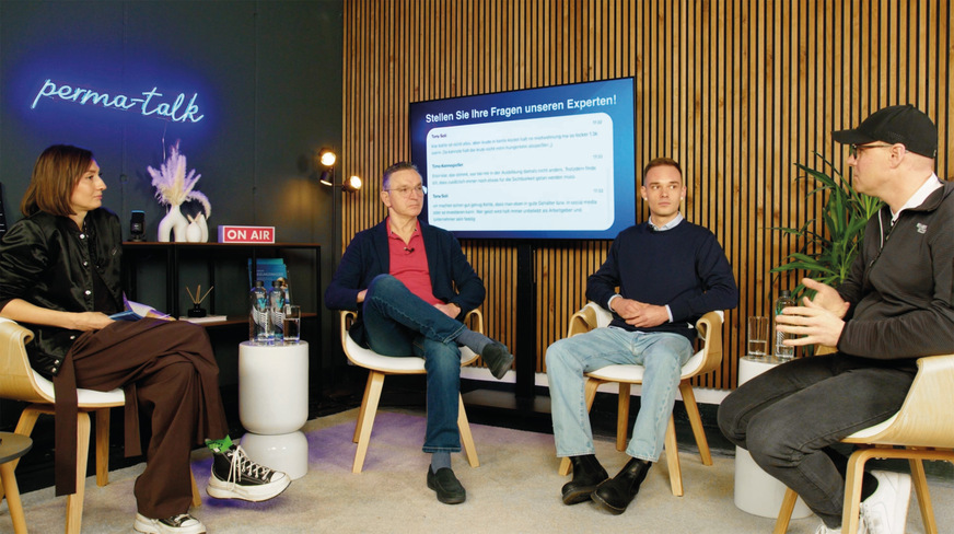 Lydia Bautze-Ortlieb (links) von der Made in Stuttgart Marketing- und Media GmbH führte durch das Expertengespräch zum Thema „Azubis finden – Fachkräfte binden“. Als Gäste waren Dirk Staiger, Maximilian Fauser und Patrick Stimpfle (v.l.) eingeladen und teilten ihre Erfahrungswerte und Tipps aus der Praxis.