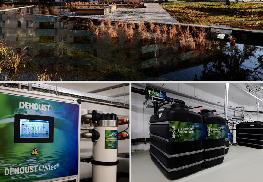 Herzstück der Wasserwirtschaft im Quartier sind der Teich zur Regenwassernutzung sowie die Grauwasseraufbereitungsanlage der Firma Dehoust. &nbsp;&nbsp;