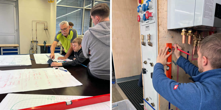 Links:&nbsp;Erstellung von Plakaten bzgl. Funktion und Bauteile einer Wärmepumpe. Rechts:&nbsp;Montage einer Anlage in 3er-Teams.