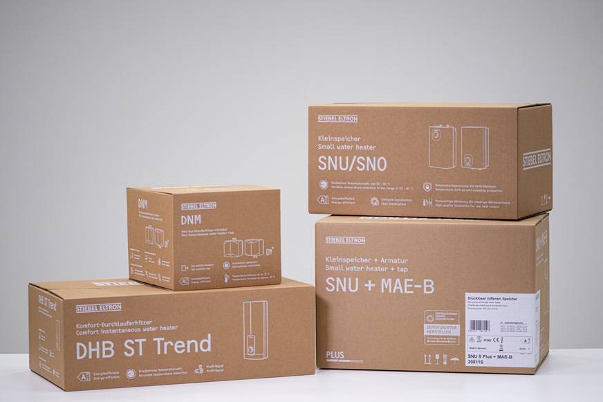 Die neuen Verpackungen von 147 Produkten des Warmwasser-Sortiments von Stiebel Eltron verbinden Nachhaltigkeit mit einem klaren Design.