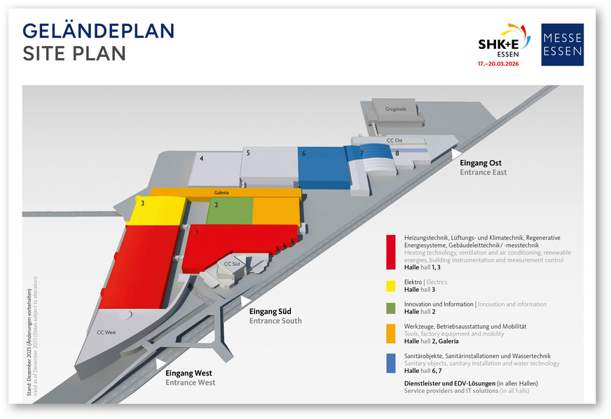 Die Aufteilung der Messehallen für die SHK+E Essen.