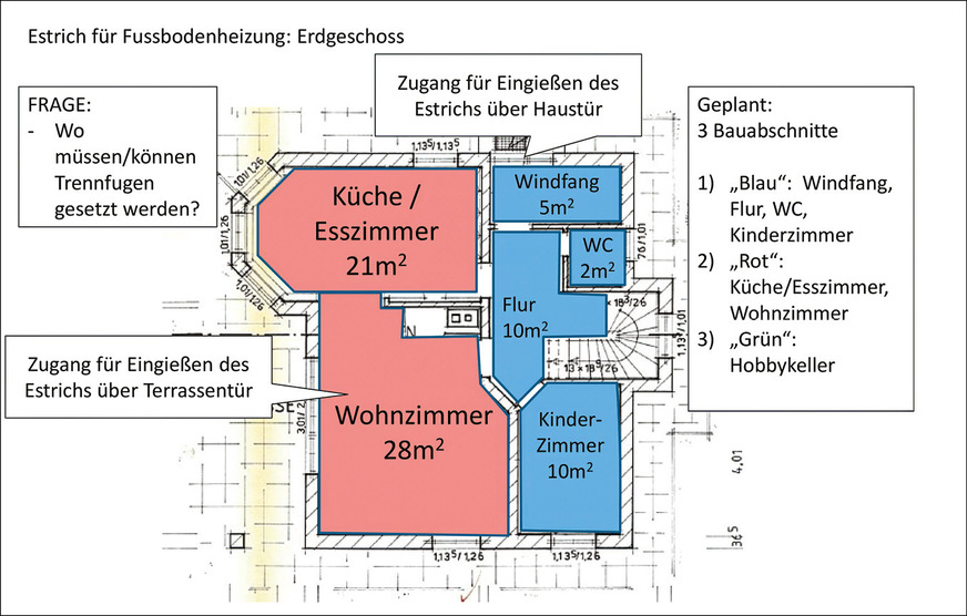 Der Estrichplan zeigt die Aufteilung in zwei Bauabschnitte für die Herstellung der Fußbodenheizung in Nassbauweise.