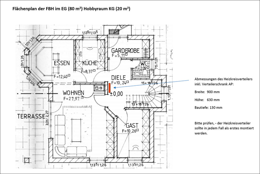 Positionierung des Heiz-/Kühlkreisverteilers an zentraler Stelle, unmittelbar über dem Heizraum im Keller.