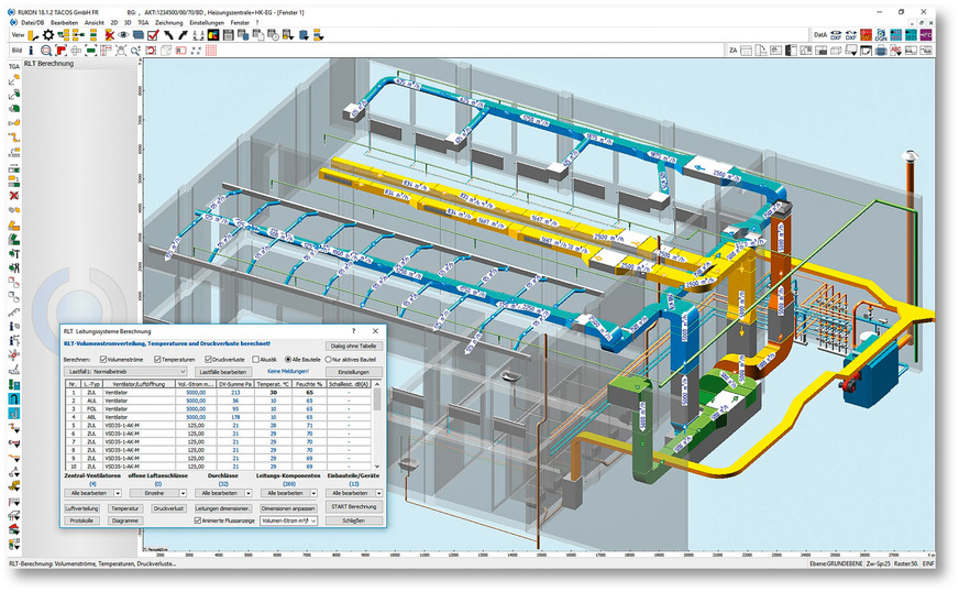 Eine animierte Fließanzeige der Volumenströme oder Druckverluste zeigt gezielt die Problemzonen bezüglich Luftgeschwindigkeiten, Temperaturen oder Schallleistungen an.