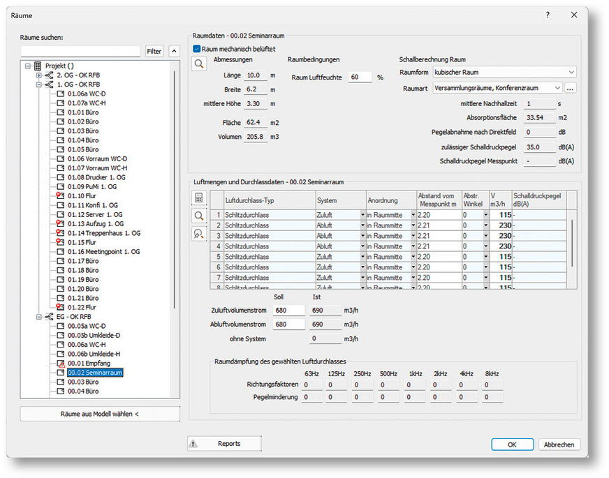 Für die Leitungsnetzberechnung werden alle notwendigen Parameter raumweise erfasst.