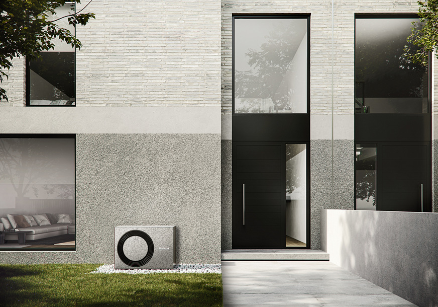 Neues Angebot von Buderus: Anlagenbetreiber können die Außeneinheit ihrer Wärmepumpe jetzt nach ihren individuellen Wünschen folieren lassen – beispielsweise passend zur Gebäudefassade.