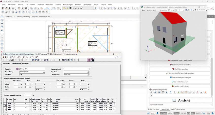 Moderne Programme zur Heizlastberechnung arbeiten an Gebäudemodellen. In der 3D-Ansicht lässt sich das Modell kontrollieren.