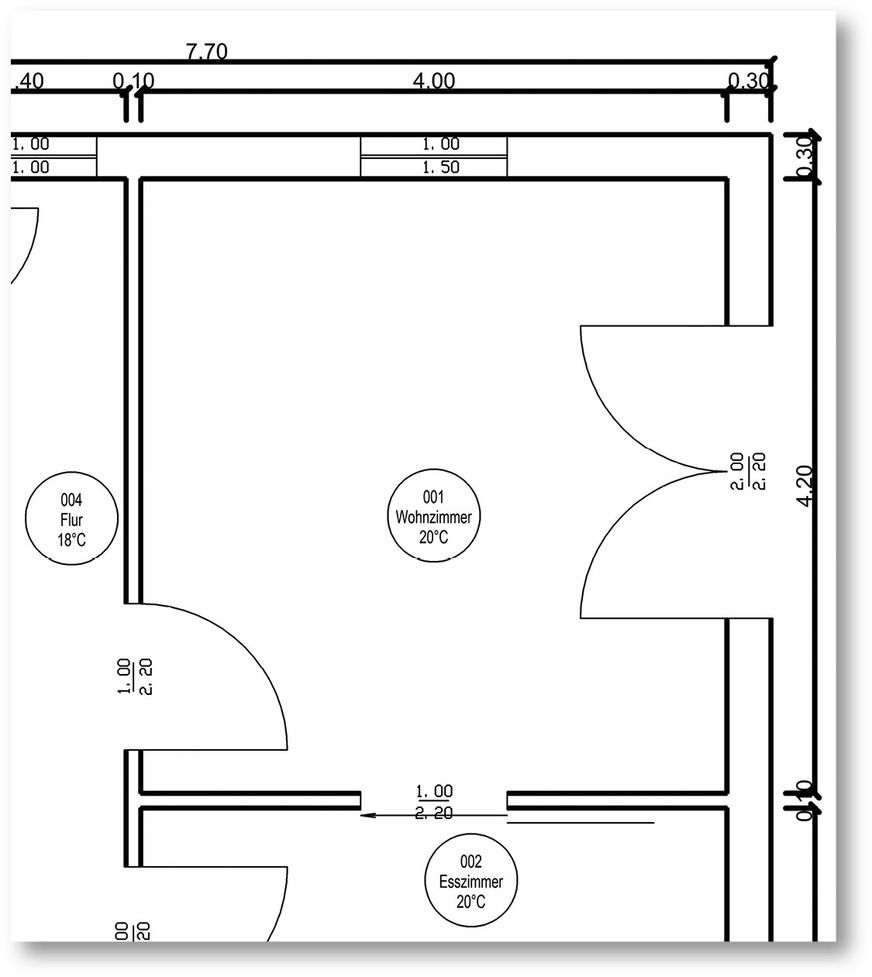 Das im Grundriss dargestellte Wohnzimmer wird im Formblatt rechts durchgerechnet.﻿
