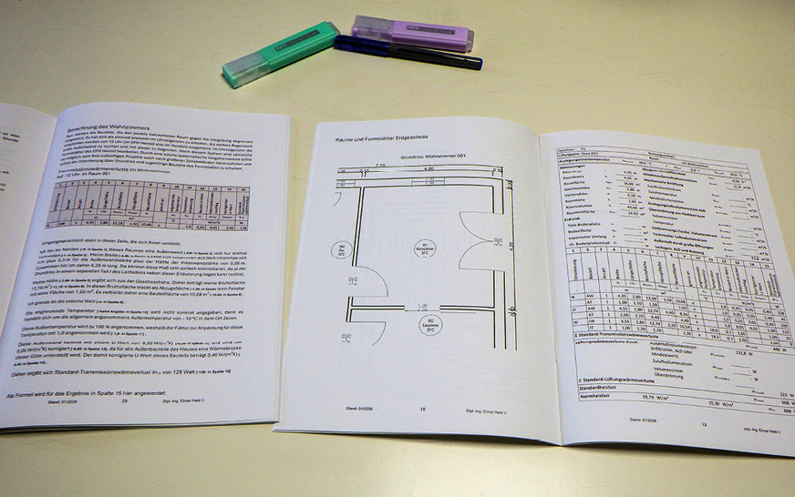 Eine Heizlastberechnung lässt sich im Eigenstudium erlernen. Im besten Fall wird sie, so wie hier, anhand eines durchgerechneten Beispiels schrittweise erklärt.