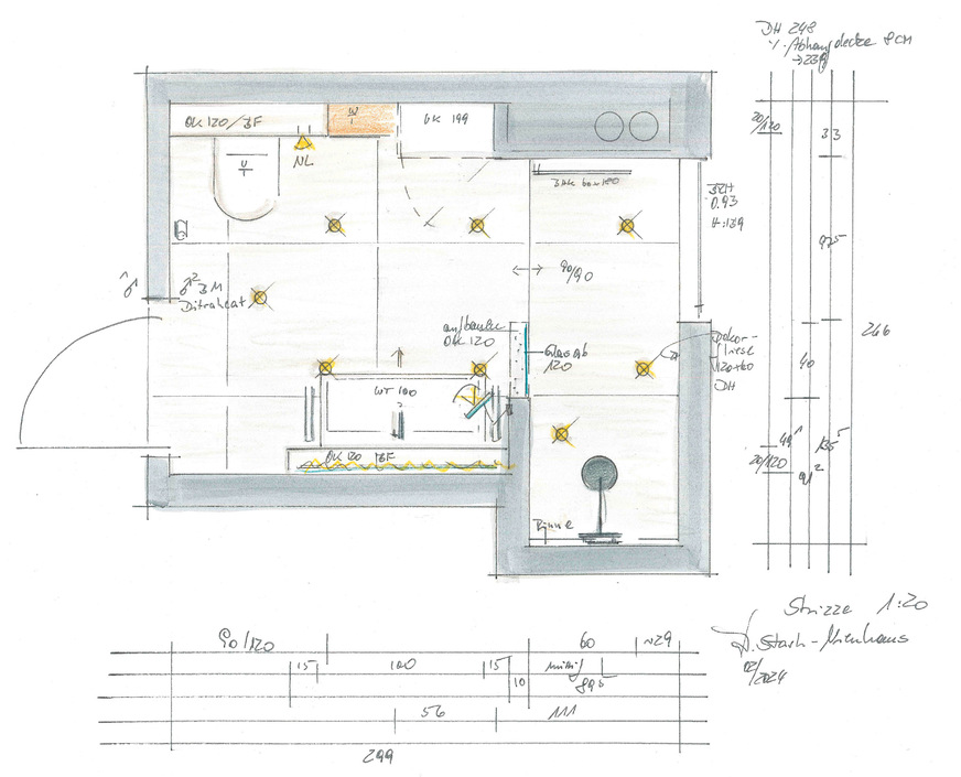 Da durch den Wegfall der Badewanne ausreichend Platz im Raum zur Verfügung steht, wird die gesamte Kopfseite des Raumes als offene Duschzone deklariert.