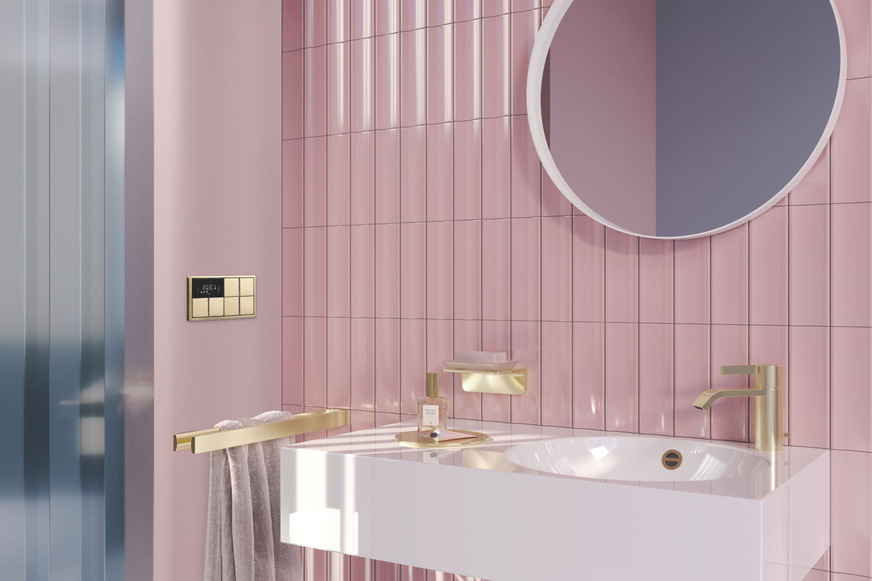 „Signature Design. Crafted in Finishes” – unter diesem Motto vereinen Dornbracht und Jung ihre Gestaltungskompetenz. Die Dornbracht-Armatur IMO, der KNX Raumcontroller und der F 40 Taster von Jung in der gemeinsamen Oberfläche Light Gold gebürstet.