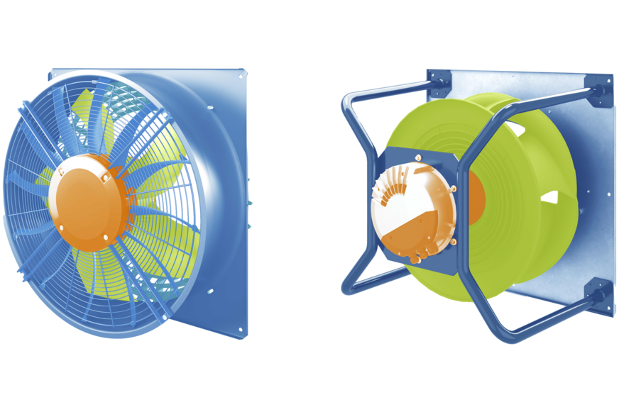 Die zentralen Funktionsbereiche des Ventilators in Axial- (links) und Radialventilatoren: das Laufrad als aerodynamisches Herzstück (grün), der Motor mit integrierter Elektronik als Antriebseinheit (orange) sowie der Stator, das heißt die luftführenden und tragenden Strukturen (blau).
