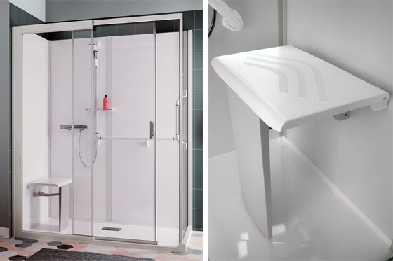 Neu für die Komplettduschen Kinemagic Royal+, Royal und Kalypso: ein Klappsitz mit rutschhemmender Oberfläche. In Kombination mit Griffen und flachem Einstieg entsteht eine barrierearme Badlösung mit mehr Sicherheit und Komfort.