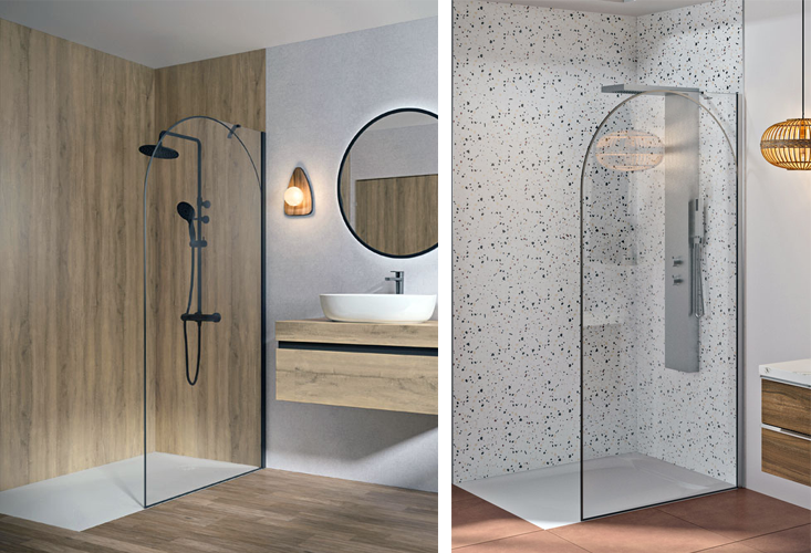 Die neue Walk-in-Duschwand Solo Arkade von SFA Kinedo setzt mit abgerundeter Ecke und Bogenmotiv einen eleganten Akzent im offenen Duschbereich. Sie ist mit mattschwarzem Profil oder Profil aus gebürstetem Edelstahl sowie in linker und rechter Ausführung erhältlich.