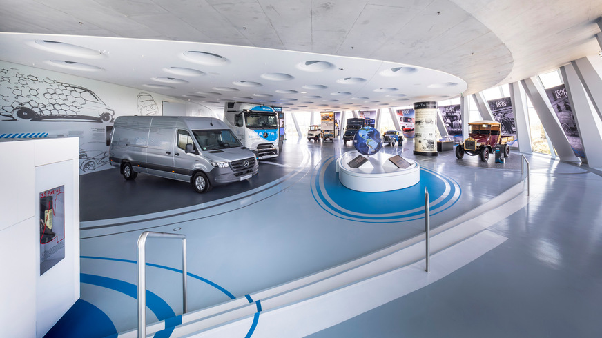 Von links: Mercedes-Benz eSprinter (2024), Mercedes-Benz eActros 600 (2024), Mercedes-Benz O 319 D Panoramabus (1961), Mercedes-Benz L 911 Kurzhauber-Lkw (1966), Mercedes-Benz 170 V Servicefahrzeug (1952) und Benz 1C (1922).