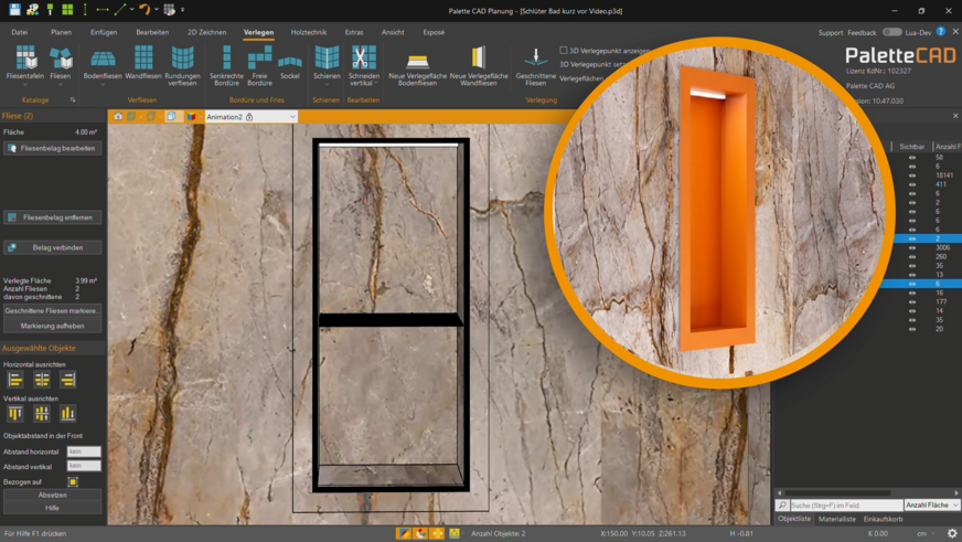 Integration eines Nischen-Sets aus KERDI-BOARD mit LIPROTEC-LED-Technik in Palette CAD.