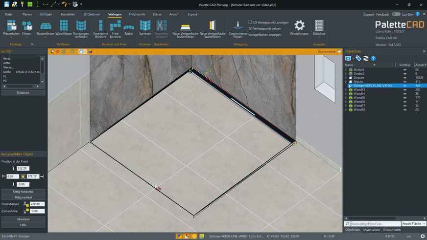 Integration eines Linienentwässerungssystems Schlüter-KERDI-LINE-VARIO in Palette CAD.