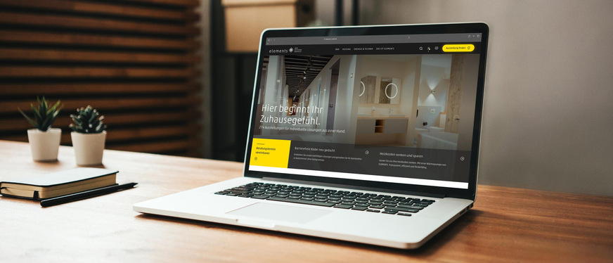 Der Weg zum Traumbad beginnt auf der Elements-Website mit der virtuellen Ausstellung auf Basis der Präsentationssoftware Palette Showroom.