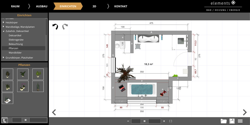 Mit dem 3D-Badplaner auf der Elements-Website – basierend auf dem Entwurfsplaner Palette Home – können Endkunden einen ersten Entwurf ihres Traumbads selbst visualisieren.