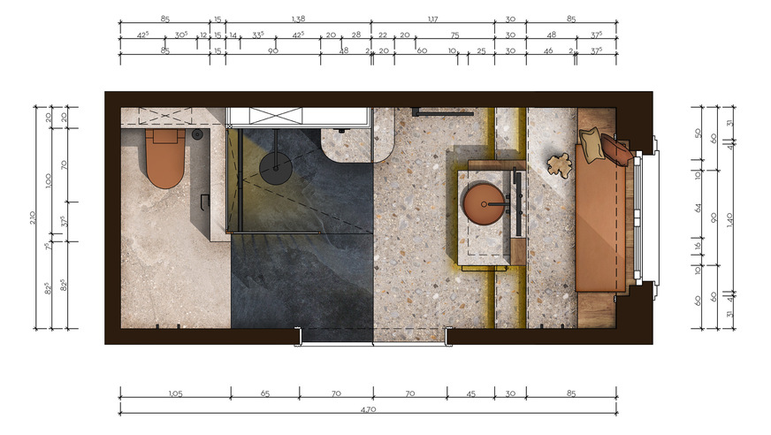 Grundriss des Hotelbads: Im Zentrum steht der Waschplatz als freistehende Figur aus Keramik, Terrazzo und Holz.