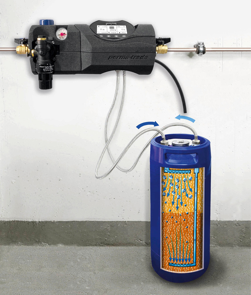 Bei Heiz- und Kühlanlagen ohne Entgasungseinheit kann das ­Nachfüllwasser über eine kombinierte Patrone, die an eine automatische oder halbautomatische Nachspeisestation angeschlossen ist, direkt entsalzt und weitgehend im Sauerstoffgehalt reduziert werden.