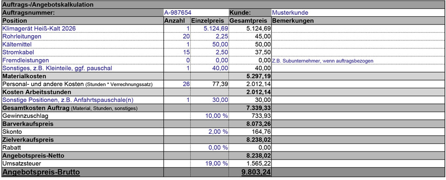 Abb. 4 zeigt das Tabellenblatt „Auftragskalkulation“ (Auszug) und den möglichen Angebotspreis brutto.