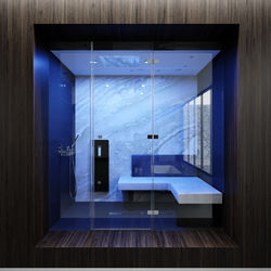 Hochwertige Materialien bilden den Rahmen für die Wellness-Funktionen wie Sole-Funktion, Indirektes Licht, Aromatherapie, Musik etc., die sich auf den ersten Blick nicht sichtbar in der Dampfdusche verbergen.