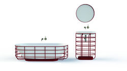 Das von Bunyapranit und Aisslinger entworfene Konzept GRID kennzeichnet die Auflösung von Flächen und Volumen zugunsten einer offenen Rahmenstruktur. Die einwandig gestalteten und schon deshalb leicht wirkenden Badobjekte scheinen geradezu im Raum zu schweben. Dabei trägt die Gitterstruktur nicht nur Wanne und Waschtisch, sie kann – collagenhaft eingehängt – auch Körbe zur praktischen Ablage von Accessoires und Beauty-Produkten sowie, dem Gedanken des „urban jungle“ folgend, dekorative Pflanzenschalen einbinden.
