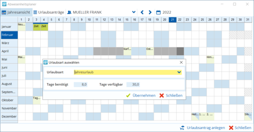 Übersichtlicher Abwesenheitsplaner mit Urlaubsantragsfunktion - © TAIFUN Software AG