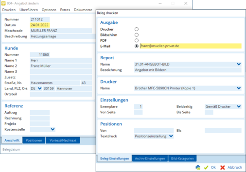 Direkter Belegversand: Versenden Sie mit TAIFUN direkt über Ihr E-Mail-Programm Angebote, Auftragsbestätigungen und Rechnungen.