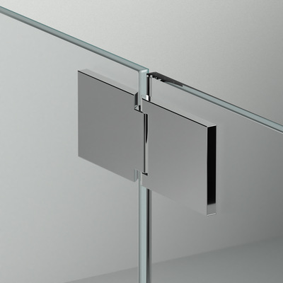 Detailansicht eines Metallscharniers, das als Verbindungselement für zwei Glasplatten dient, illustriert den Einsatz hochwertiger Verbindungslösungen in der modernen Installationstechnik. - © Sprinz