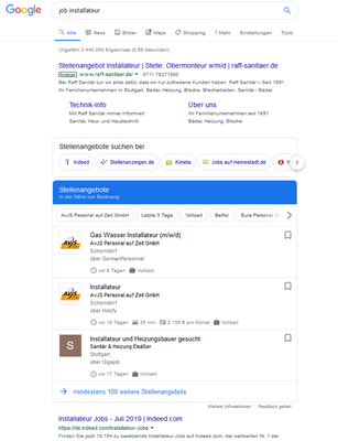 So stellt Google die Suchergebnisse dar, wenn ein potenzieller Kandidat Jobs recherchiert.