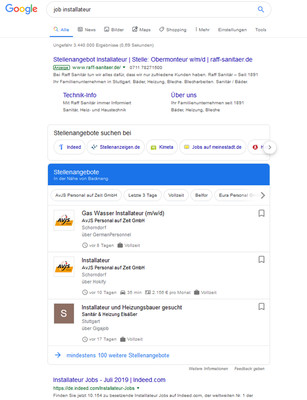 So stellt Google die Suchergebnisse dar, wenn ein potenzieller Kandidat Jobs recherchiert. - © Bild: Oliver Hettmer
