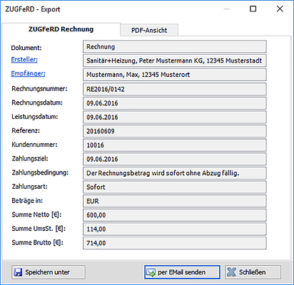 Über die Export-Funktion wird eine ZUGFeRD-Rechnung erstellt, diese wird dann dem Kunden per E-Mail gesendet.