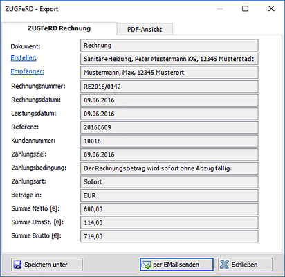 Über die Export-Funktion wird eine ZUGFeRD-Rechnung erstellt, diese wird dann dem Kunden per E-Mail gesendet. - © Bild: Hottgenroth/ETU
