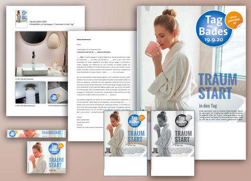 Mit der Kampagne „Traumstart in den Tag“ will die Vereinigung Deutsche Sanitärwirtschaft (VDS) das heimische Profi-Bad als Tankstelle für positive Energie, Fitness und Fröhlichkeit positionieren. Die kostenlosen Aktionsmittel (siehe Foto) können Fachgroßhandel und Fachhandwerk wie in den Vorjahren in den internen Bereichen der Websites von DG Haustechnik und ZVSHK downloaden.