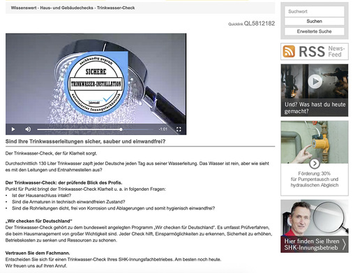 Informationen für den Laien: In einem Kurzfilm wird im Verbraucherportal www.wasserwaermeluft.de erklärt, warum ein Check der Trinkwasserinstallation wichtig ist.