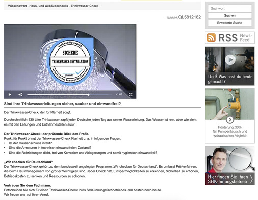 Informationen für den Laien: In einem Kurzfilm wird im Verbraucherportal www.wasserwaermeluft.de erklärt, warum ein Check der Trinkwasserinstallation wichtig ist. - © Bild: ZVSHK
