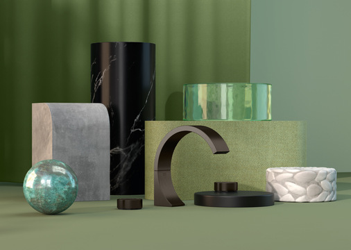 Im „Oasis“-Bad als „Oase der Achtsamkeit“ sind die CYO Armaturen in dunklem Platin Matt kombiniert mit
schwarzem Marmor, Beton, schwarzem Corian, grünen Recyclingglas, hellen Flusskieseln, Estrich und grünen
Stoffen.