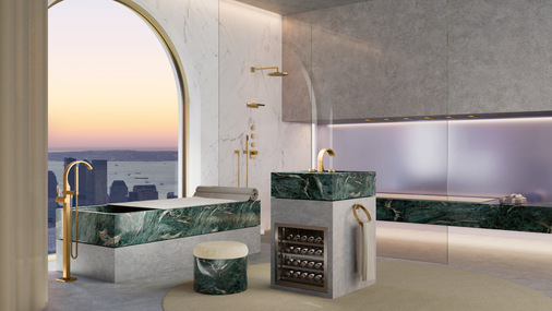 Das „Metropolitan“-Bad folgt dem Motto „Opulenz für die Sinne“ und zeigt die Armaturen der Serie CYO in
gebürstetem Messing zusammen mit eloxiertem Aluminium, grünmarmoriertem Granit, Beton, weißem Marmor
und cremefarbenem Alcantara und Schurwollteppich.