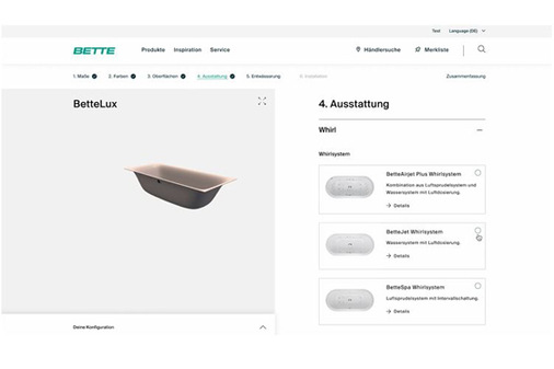 Dann gehts weiter zu den Ausstattungsvarianten – sogar Ablaufgarnituren und Installations-Optionen stehen zur Auswahl. Änderungen werden sofort vorgenommen, sodass nur gültige Optionen angezeigt werden. 