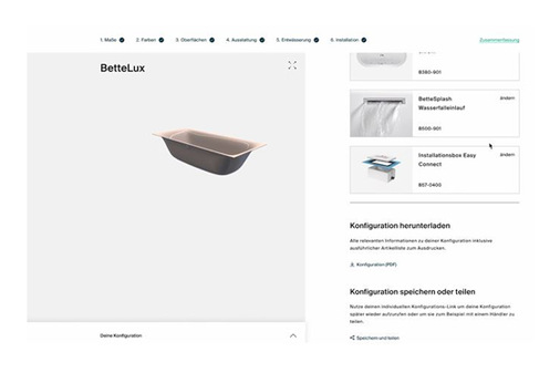 Eine Zusammenfassung bietet einen letzten Überblick, dann Konfiguration speichern, teilen oder ausdrucken bzw. Link direkt mit Händler teilen.