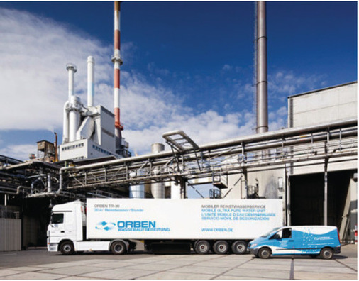 Die Trailer von Orben, hier am Heimatstandort in Wiesbaden, sind komplette Aufbereitungsanlagen; projektbezogen und mobil installiert zur Herstellung von vollentsalztem Wasser jeder Güte und Menge.